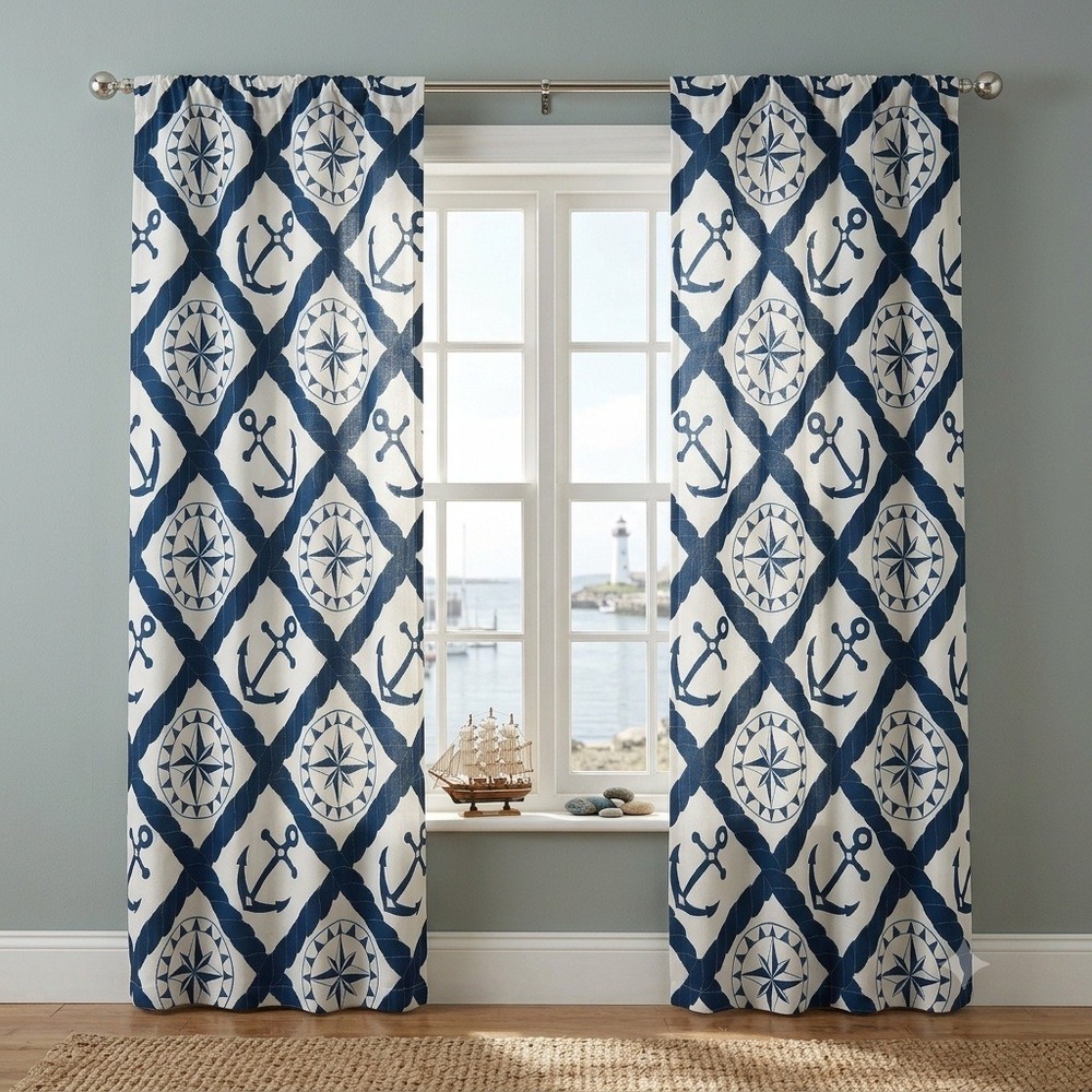 Ambesonne Nautical Anchor Compass Window Curtains Navy White 2 Panels 56x84